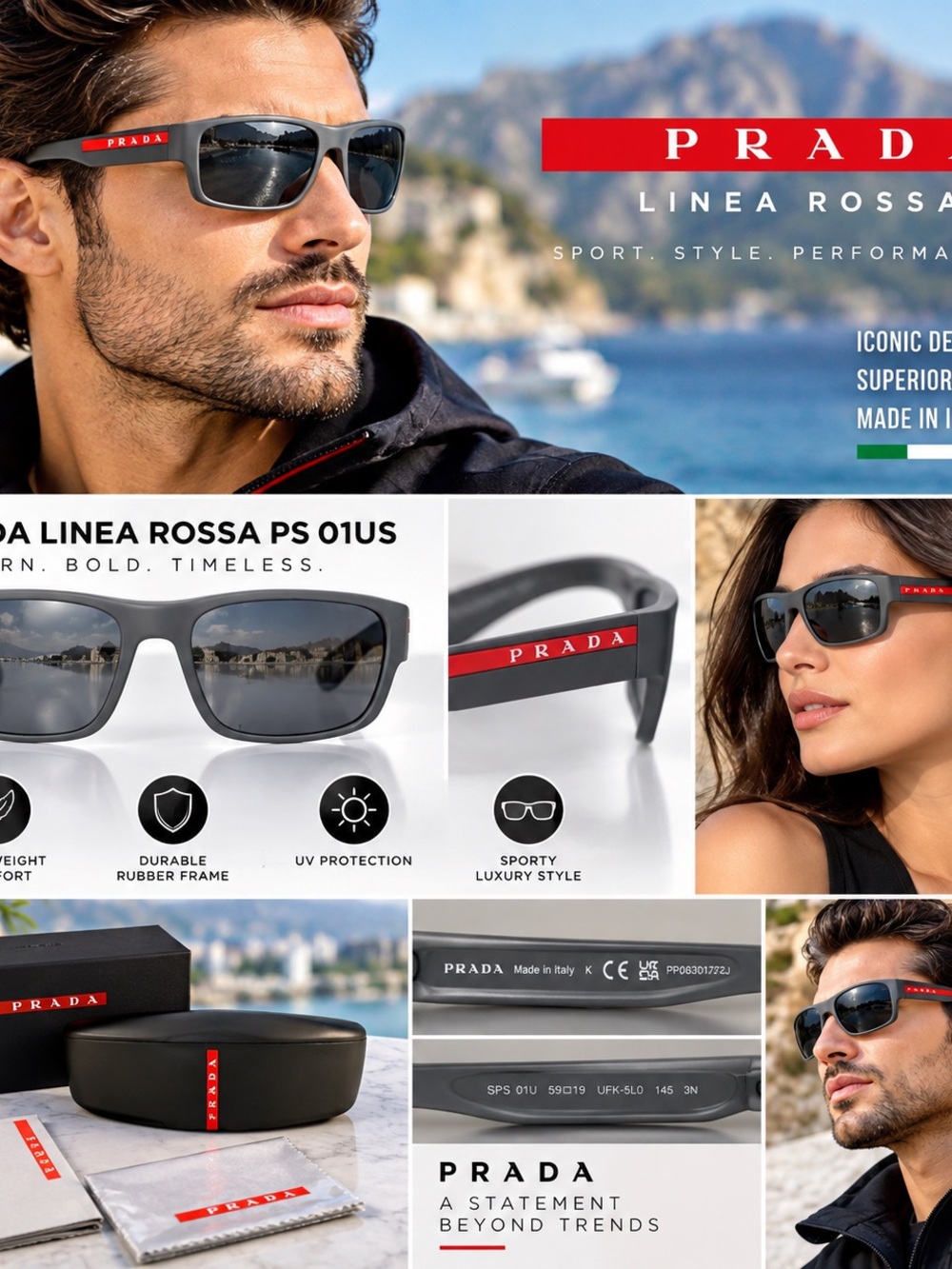 Prada Grey Rubber Frame Sunglasses with Red Logo